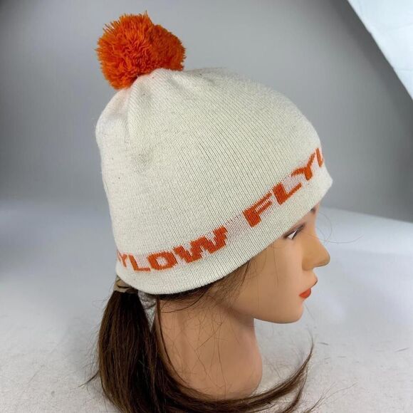 FLYLOW Pom Beanie Hat Cap Women's Ski Snowboard OSFM White Orange Beanies Hats - Picture 2 of 10